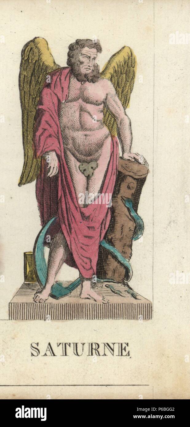 Saturn, Roman god of wealth and time, with wings, toga, scythe, figleaf,  and snake. Handcoloured copperplate engraving engraved by Jacques Louis  Constant Lacerf after illustrations by Leonard Defraine from "La Mythologie  en