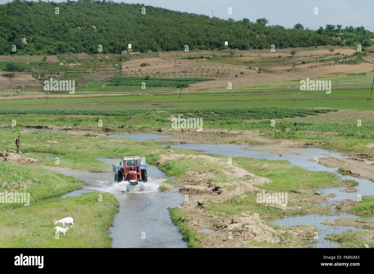 Tractor driving through an irrigation channel, pulling a load, raising a wave and splashing front, in North Korea DPRK Stock Photo