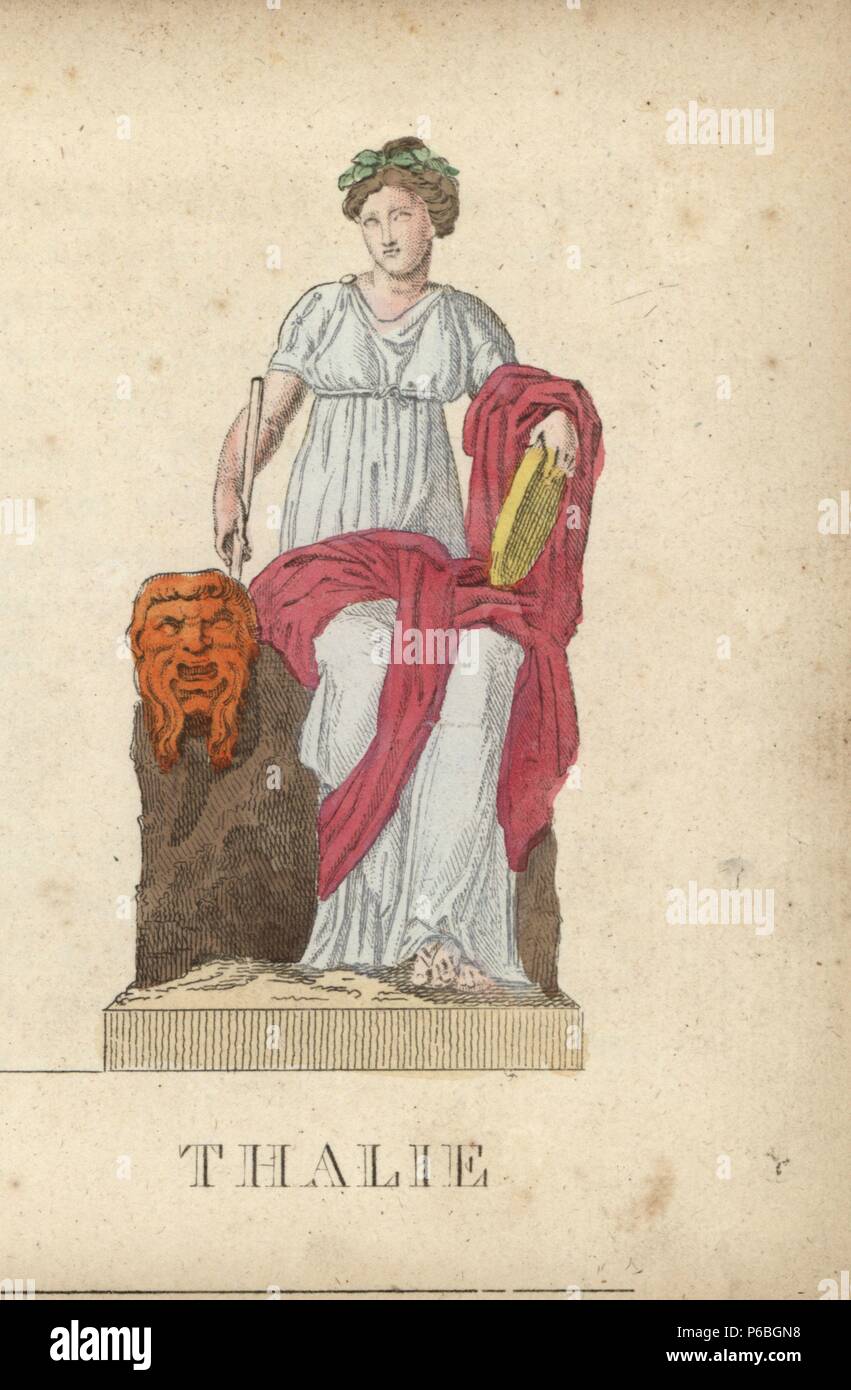 Thalia, Greek muse of comedy, with laurel wreath, comic mask and staff. Handcoloured copperplate engraving engraved by Jacques Louis Constant Lacerf after illustrations by Leonard Defraine from 'La Mythologie en Estampes' (Mythology in Prints, or Figures of Fabled Gods), Chez P. Blanchard, Paris, c.1820. Stock Photo