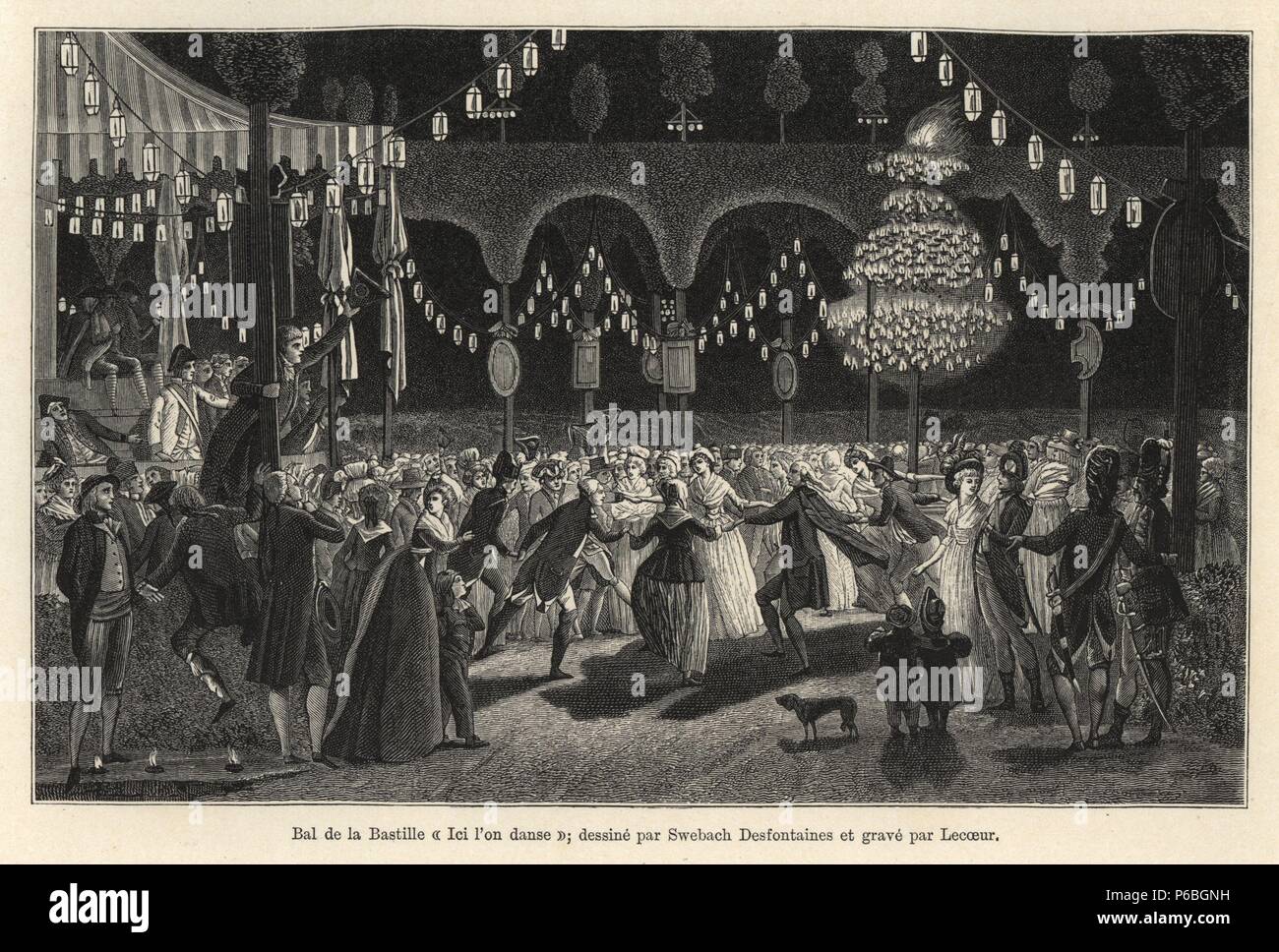 Nocturnal dance at the Bal de la Bastille, circa 1800. Crowds of Parisians dance under lanterns in trees. Illustration drawn by Swebach Desfontaines and engraved by Lecoeur. Engraving from Paul Lacroix's 'Directoire, Consulat et Empire,' Paris, 1884. Stock Photo