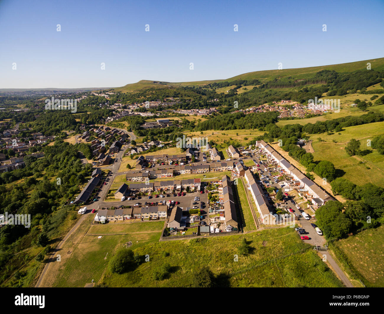 Aerial overhead view of houses in the Welsh Valley of Blaenau Gwent