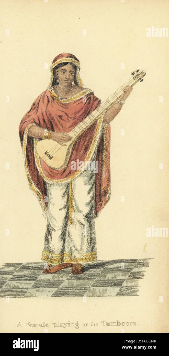 Woman playing the tumboora (guitar) wearing embroidered pants of silk, shawl, veil, and slippers. Handcoloured copperplate engraving by an unknown artist from 'Asiatic Costumes,' Ackermann, London, 1828. Stock Photo