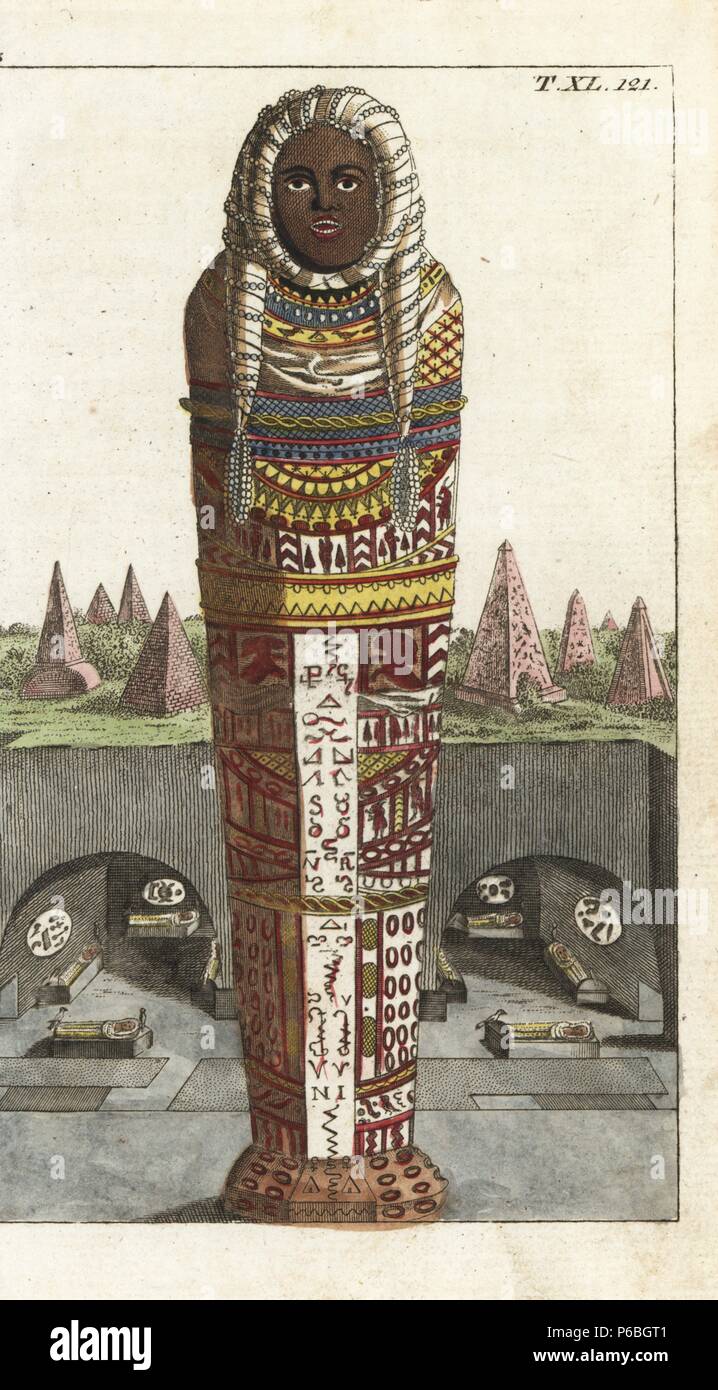 Egyptian mummy in a coffin decorated with hieroglyphs. Handcolored copperplate engraving from G. T. Wilhelm's "Encyclopedia of Natural History: Mankind," Augsburg, 1804. Gottlieb Tobias Wilhelm (1758-1811) was a Bavarian clergyman and naturalist known as the German Buffon. Stock Photo