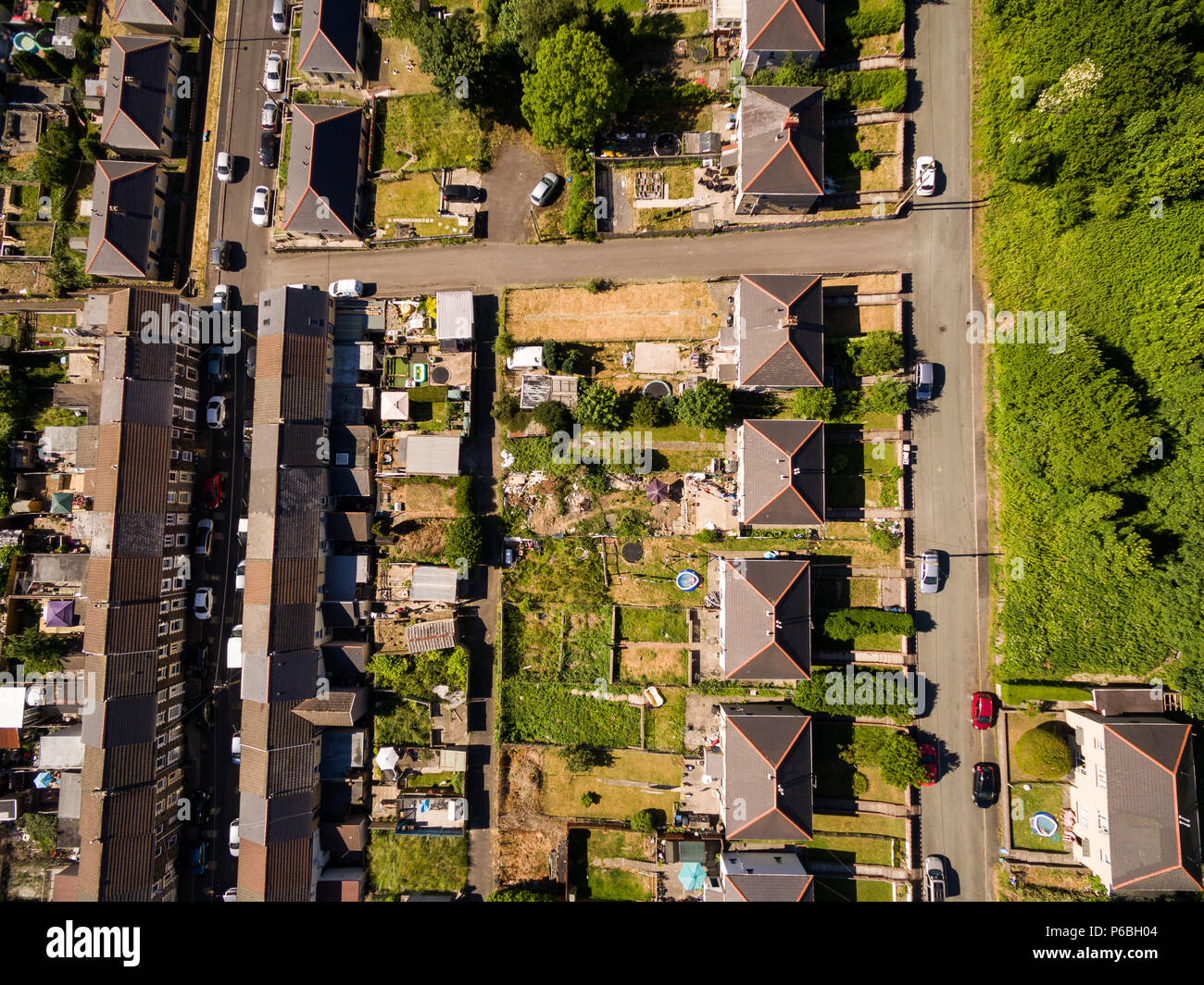 Aerial overhead view of houses in the Welsh Valley of Blaenau Gwent