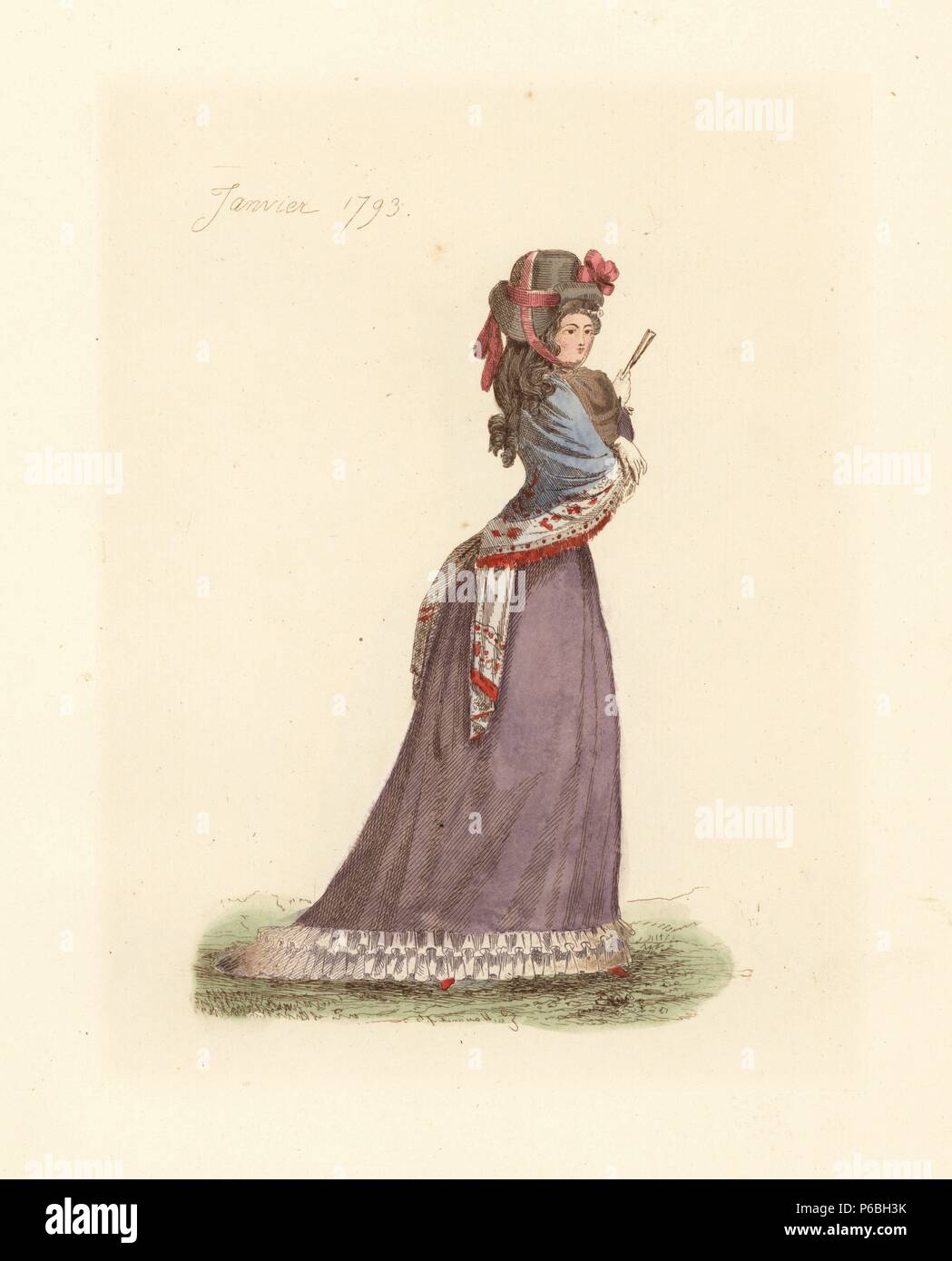 French woman wearing the fashion of January 1793. She wears a straw hat  with ribbons and bows, wig, large fichu (neckerchief), shawl, and dress  with wide skirt and frilled hem. Handcoloured etching