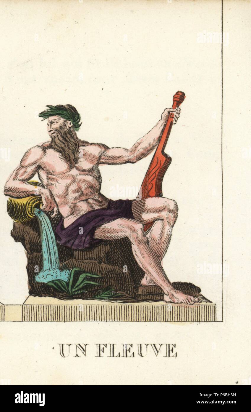 Greek river god, wearing a wreath and holding an oar and water urn. Handcoloured copperplate engraving engraved by Jacques Louis Constant Lacerf after illustrations by Leonard Defraine from 'La Mythologie en Estampes' (Mythology in Prints, or Figures of Fabled Gods), Chez P. Blanchard, Paris, c.1820. Stock Photo
