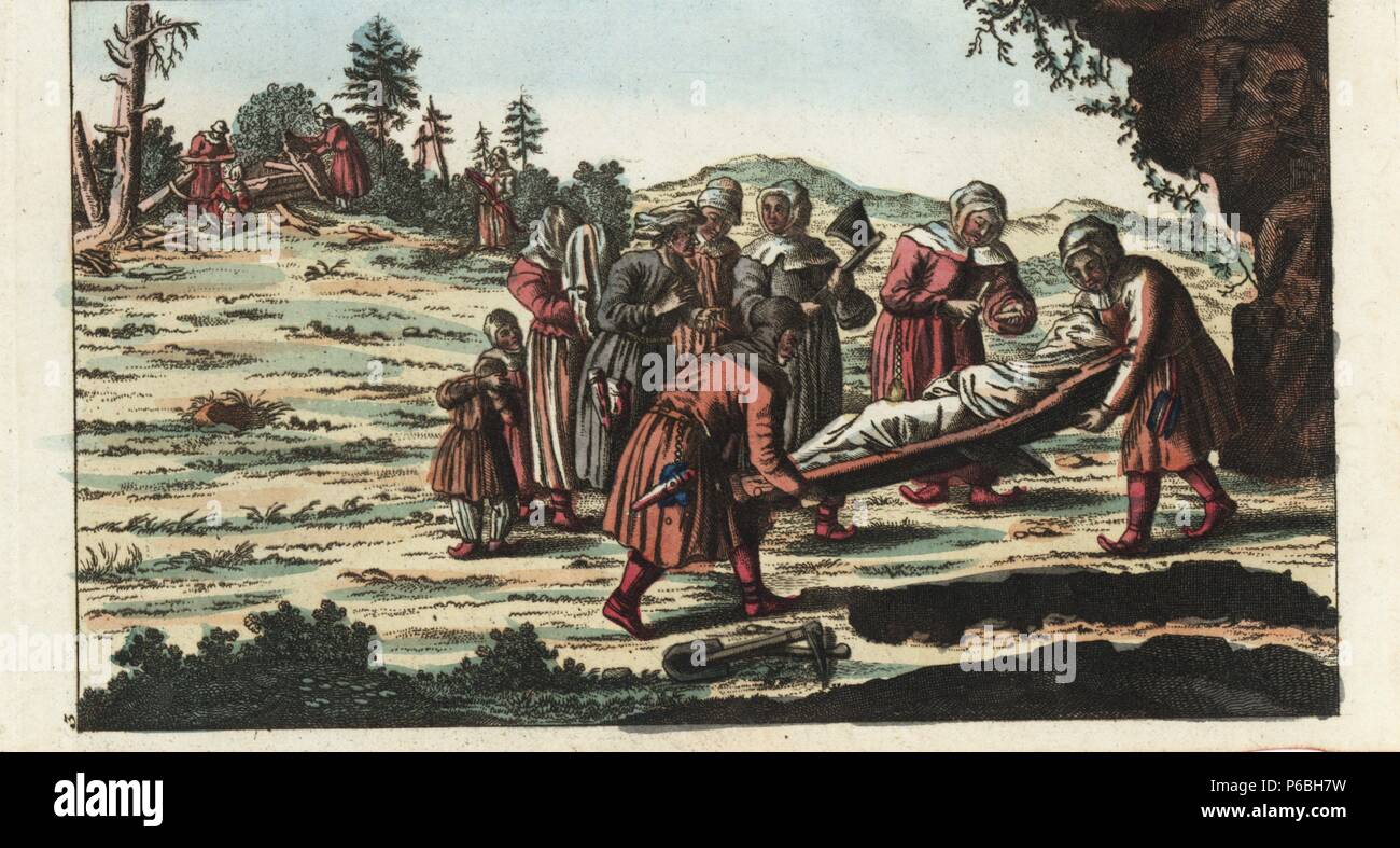 Funeral service of the Lapps. The corpse is buried in a grave in a large hewn coffin without a lid, along with flint and steel. Handcolored copperplate engraving from G. T. Wilhelm's 'Encyclopedia of Natural History: Mankind,' Augsburg, 1804. Gottlieb Tobias Wilhelm (1758-1811) was a Bavarian clergyman and naturalist known as the German Buffon. Stock Photo