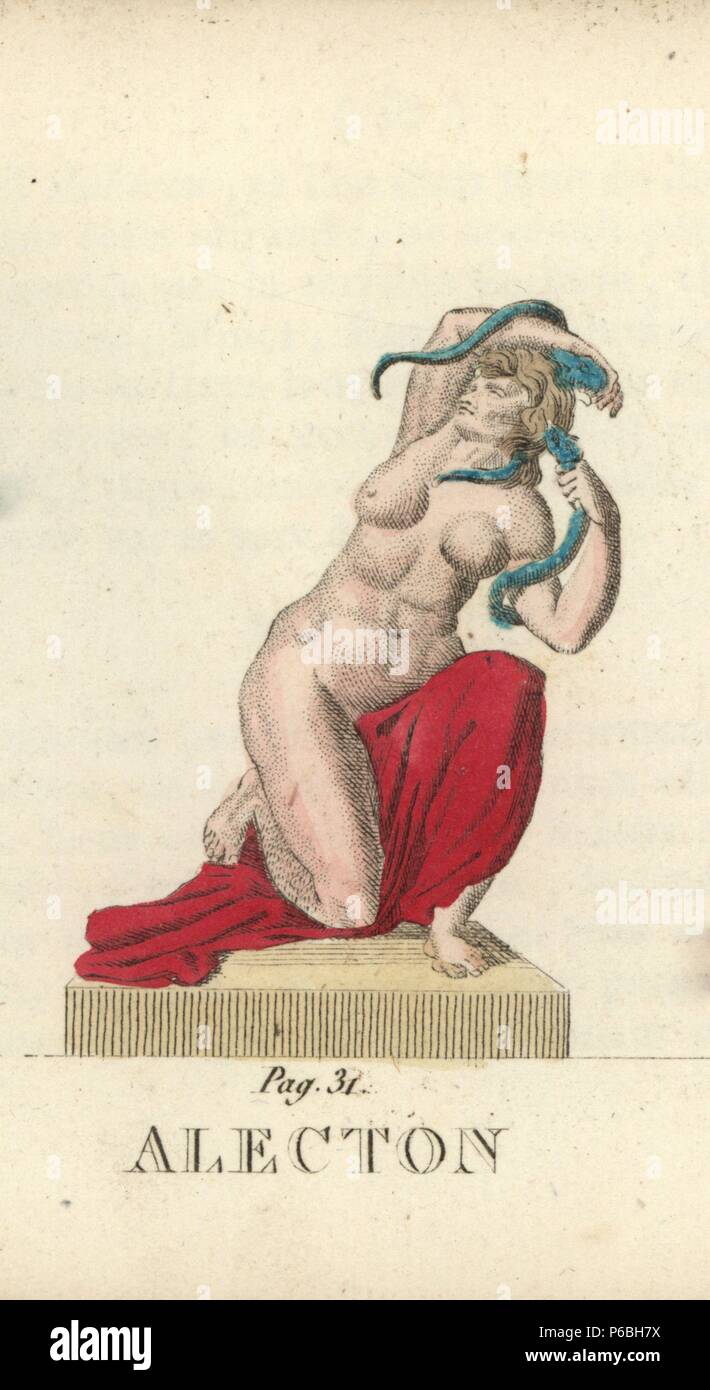 Land Goedaardig Stun Alecto, one of the Greek Enrinyes or Roman Furies, the angry one, depicted  with snakes. Handcoloured copperplate engraving engraved by Jacques Louis  Constant Lacerf after illustrations by Leonard Defraine from "La Mythologie