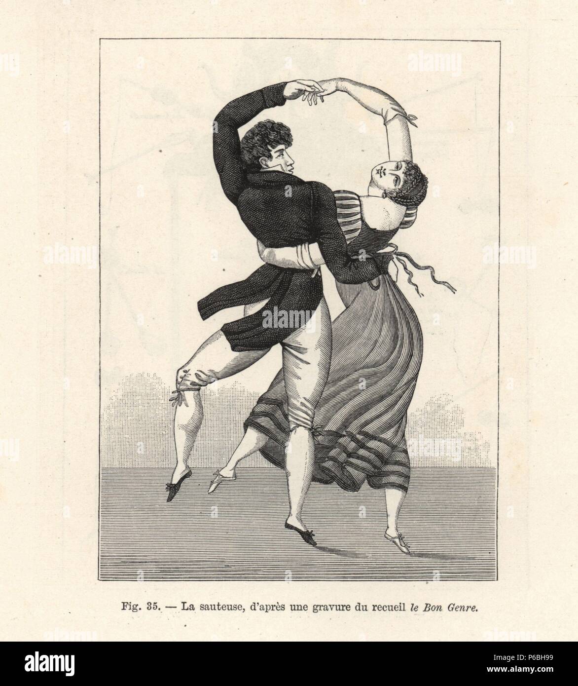 French couple dancing la Sauteuse, a pair dance popular circa 1800. Woodcut engraving from Paul Lacroix's 'Directoire, Consulat et Empire,' Paris, 1884. Stock Photo