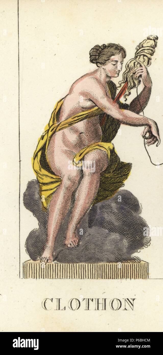 Clotho, one of the Greek Fates or Moirai, spinning the thread of human life on her spindle. Handcoloured copperplate engraving engraved by Jacques Louis Constant Lacerf after illustrations by Leonard Defraine from 'La Mythologie en Estampes' (Mythology in Prints, or Figures of Fabled Gods), Chez P. Blanchard, Paris, c.1820. Stock Photo
