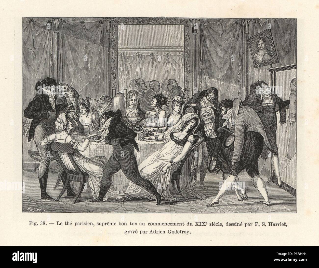 Parisian tea party, with Incroyables and Merveilleuses, the early 19th century. Drawn by F. S. Harriet, engraved by Godefroy, woodcut by Huyot from Paul Lacroix's 'Directoire, Consulat et Empire,' Paris, 1884. Stock Photo