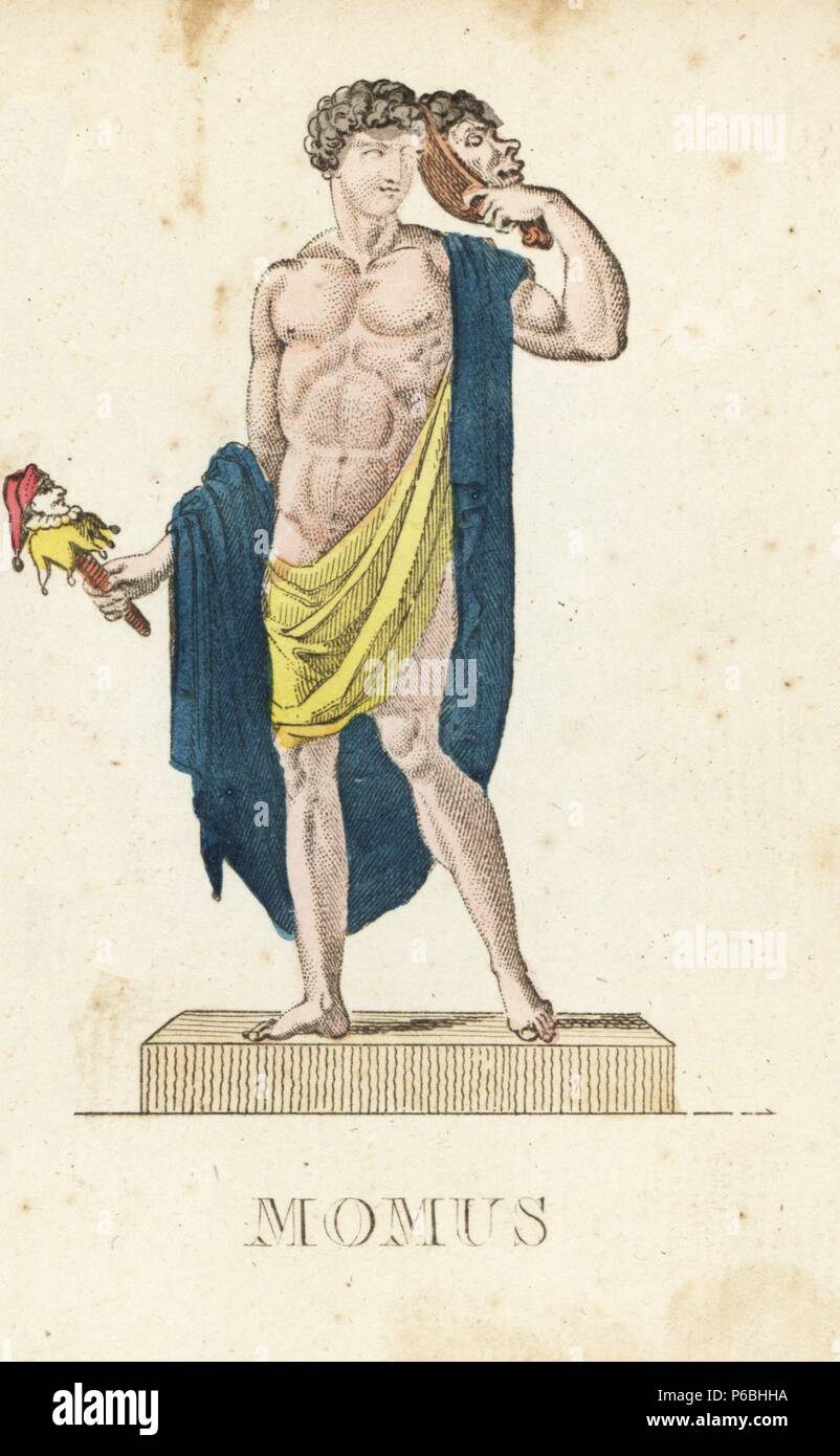 Momus, Greek god of satire and mockery, shown lifting a mask from his face and holding a stick puppet. Handcoloured copperplate engraving engraved by Jacques Louis Constant Lacerf after illustrations by Leonard Defraine from 'La Mythologie en Estampes' (Mythology in Prints, or Figures of Fabled Gods), Chez P. Blanchard, Paris, c.1820. Stock Photo