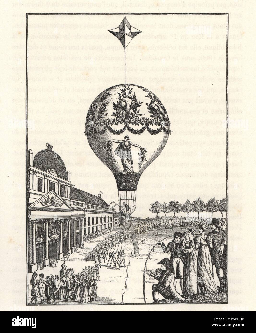 Ascension of a balloon by female balloonist Sophie Blanchard at the Champ de Mars, Paris, June 24, 1810. Engraving from Paul Lacroix's 'Directoire, Consulat et Empire,' Paris, 1884. Stock Photo