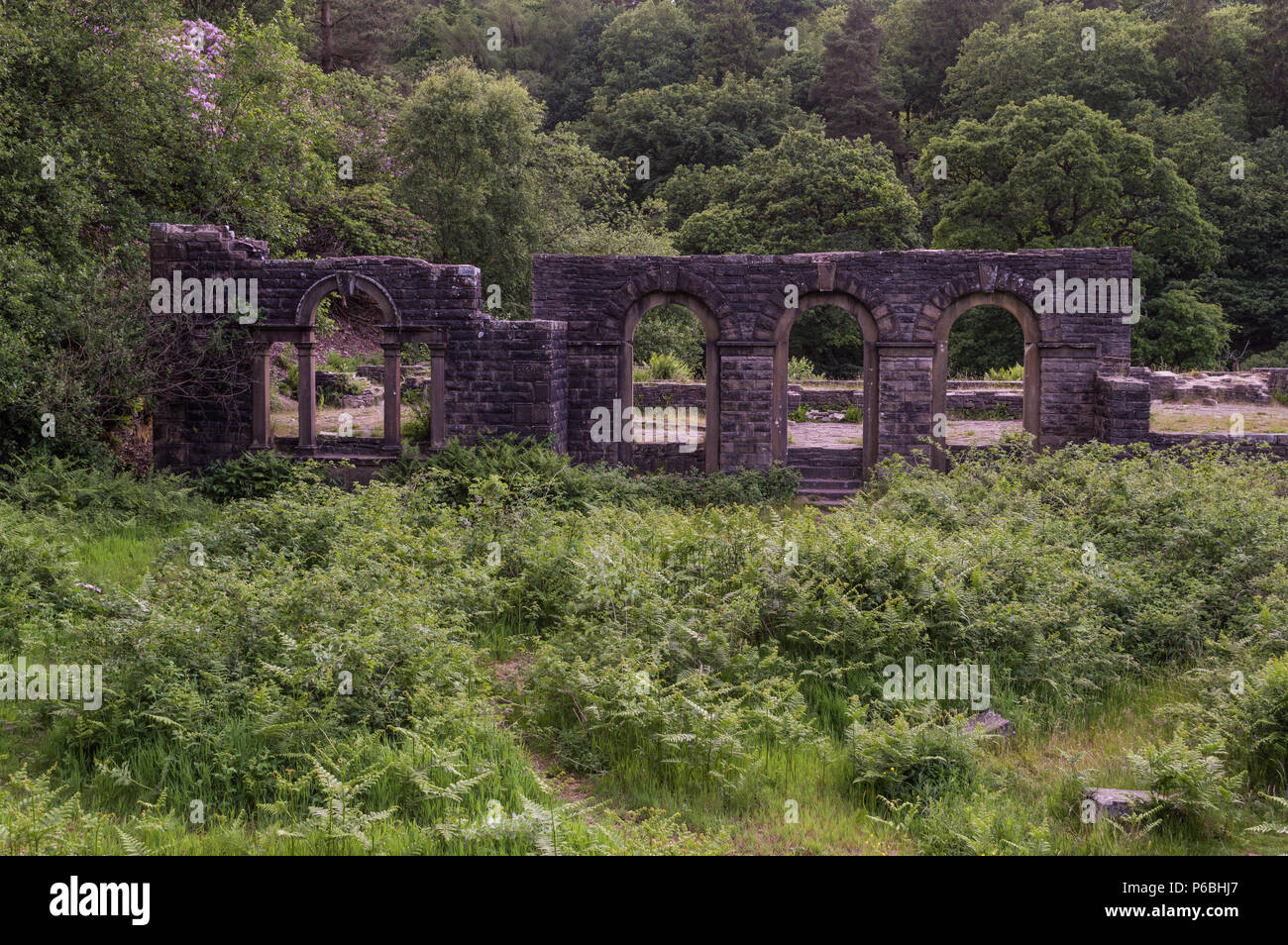 The ruins of Errwood Hall at Goyt valley within the Peak District National park. Stock Photo