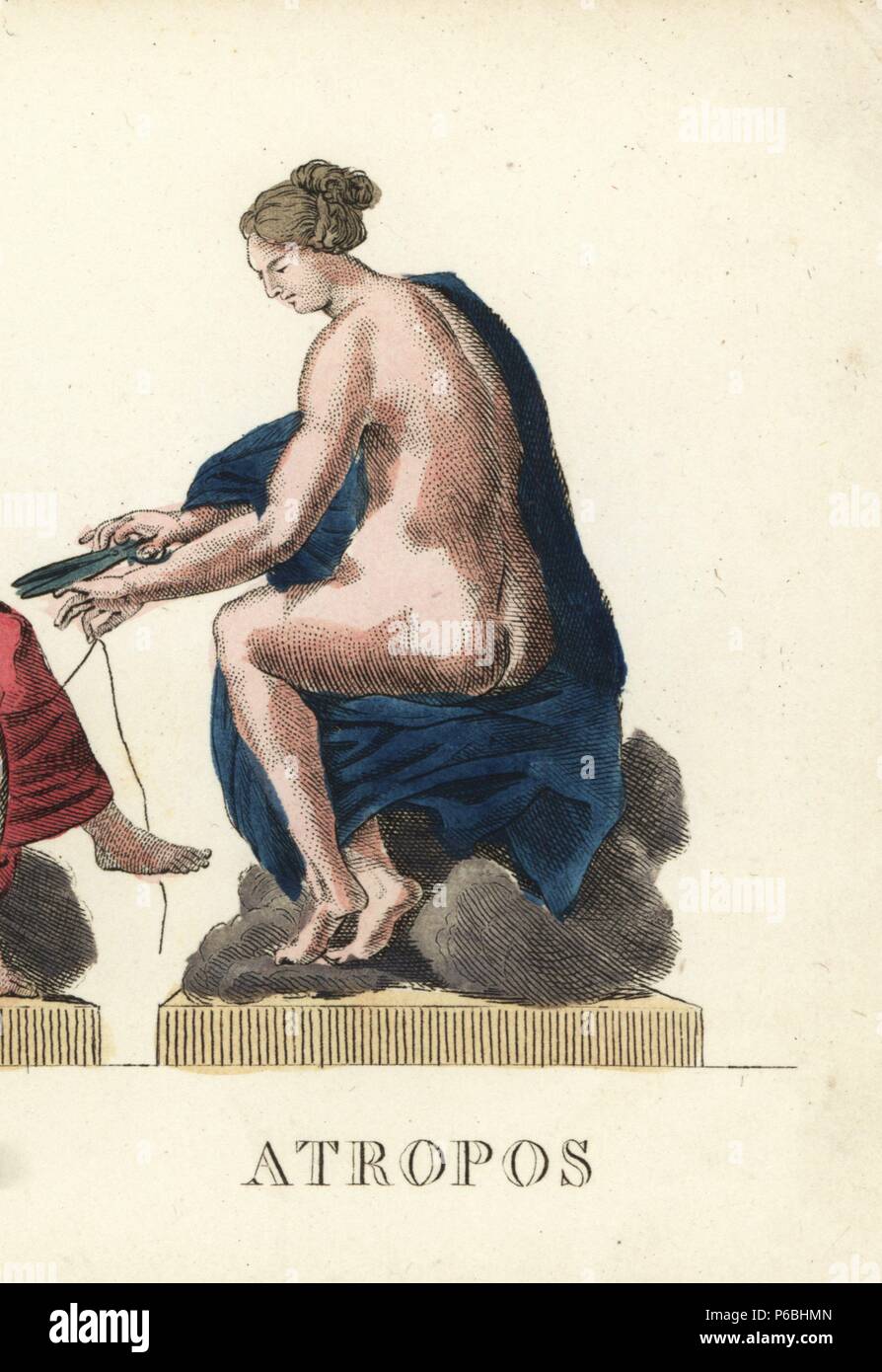 Atropos, one of the Greek Fates or Moirai, shown holding scissors to the thread of life. Handcoloured copperplate engraving engraved by Jacques Louis Constant Lacerf after illustrations by Leonard Defraine from 'La Mythologie en Estampes' (Mythology in Prints, or Figures of Fabled Gods), Chez P. Blanchard, Paris, c.1820. Stock Photo