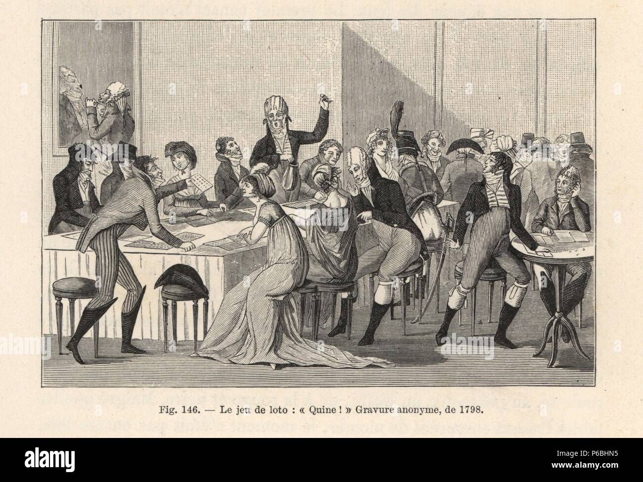 Fashionable Parisians playing a game of chance called loto or lotto, 1798. Incroyables in high cravats, gilets, redingotes, wigs, breeches and boots. Engraving from Paul Lacroix's 'Directoire, Consulat et Empire,' Paris, 1884. Stock Photo