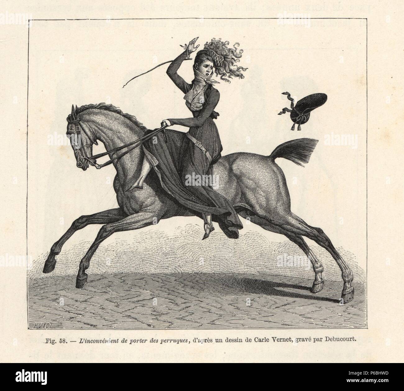 Fashionable woman riding a horse side-saddle and losing her hat because of her perruque (wig), circa 1800. Drawn by Carle Vernet, woodcut by Huyot from Paul Lacroix's 'Directoire, Consulat et Empire,' Paris, 1884. Stock Photo