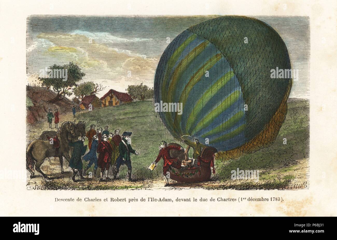 First manned hydrogen balloon flight of two hours and five minutes by Nicolas-Louis Robert and Professor Jacques Charles. The balloon descended in front of the Duc de Chartres, December 1st 1783. Handcolored engraving by J.J. Ettling and P. Sellier from Sircos and Pallier's 'Histoire des Ballons,' Roy, Paris, 1870. Stock Photo