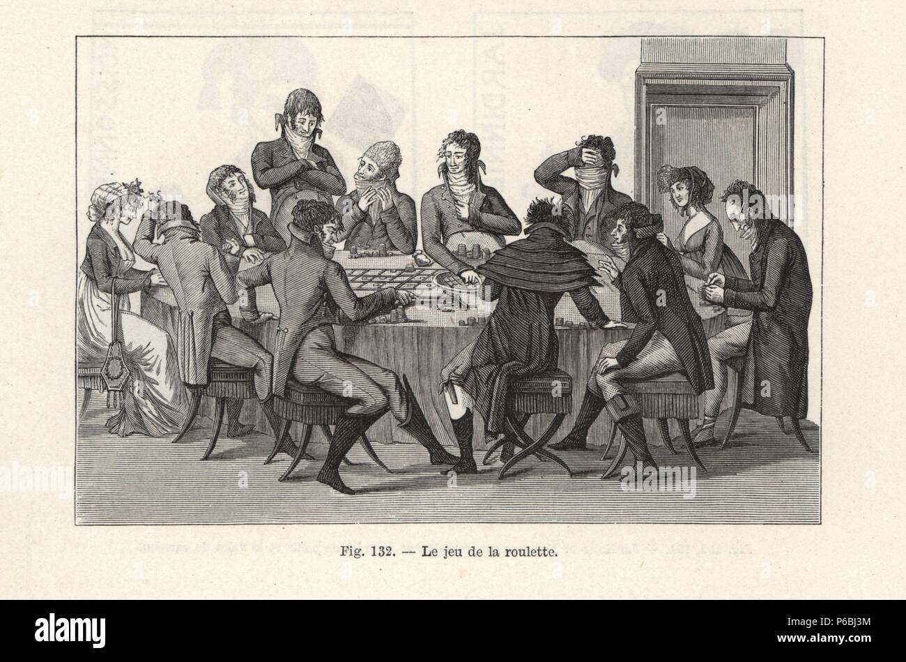 The game of roulette, circa 1800, Paris. Fashionable men in high cravats and frock coats with tails playing roulette in a salong. Engraving from Paul Lacroix's 'Directoire, Consulat et Empire,' Paris, 1884. Stock Photo