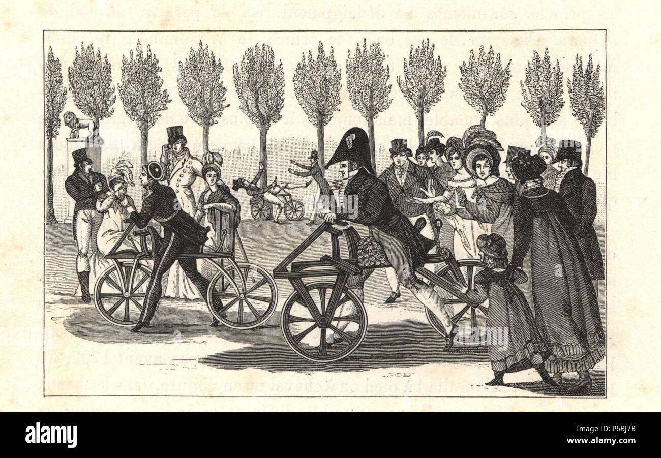 Velocipede or hobby-horse riders in the gardens of Luxembourg, Paris, circa 1810. Engraving from Paul Lacroix's 'Directoire, Consulat et Empire,' Paris, 1884. Stock Photo