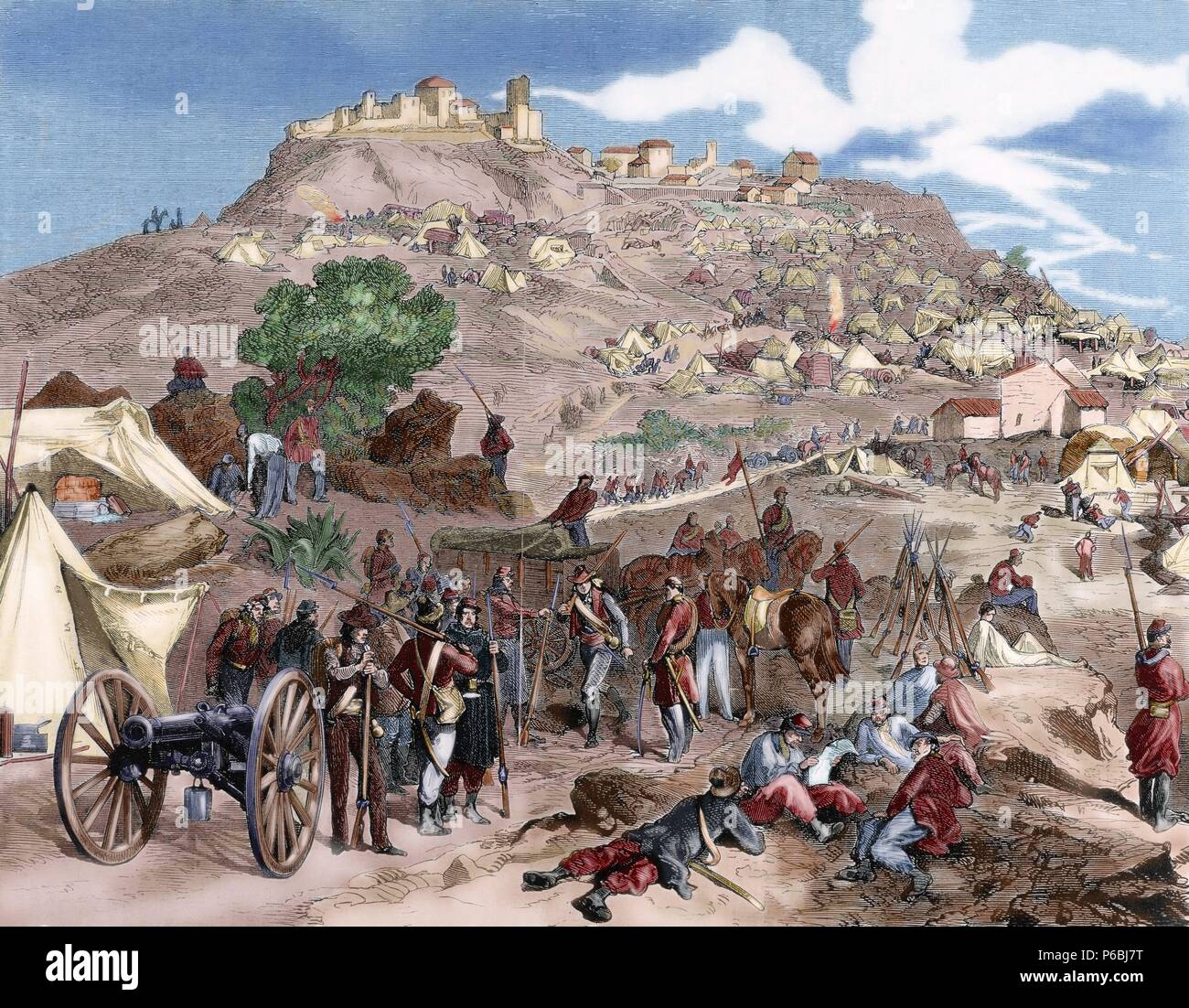 Italian unification (1859-1924). Conquest of Sicily (1860). Garibaldi goes to Palermo with the thousand volunteers called Redshirts. Camp of the troops of Garibaldi in Castrogiovanni. Engraving in 'L'Illustration (1860) by M. Sutter. Colored. Stock Photo
