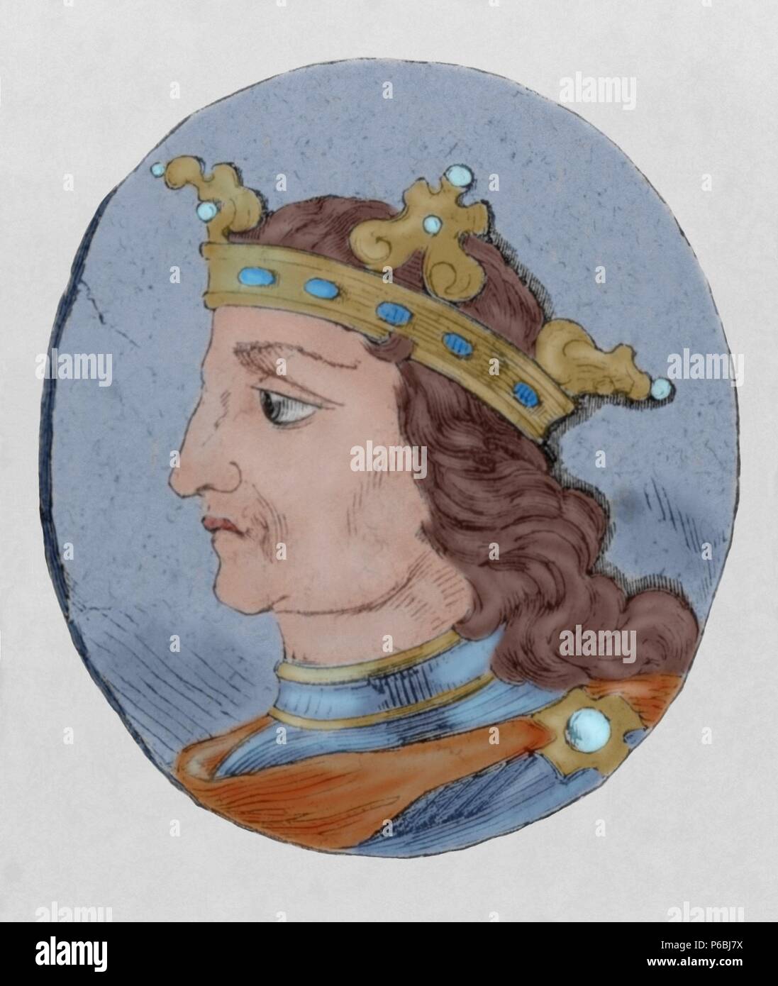 Ordono III of Leon (926-956). King of Leon from 951-956. Engraving. Colored. Stock Photo