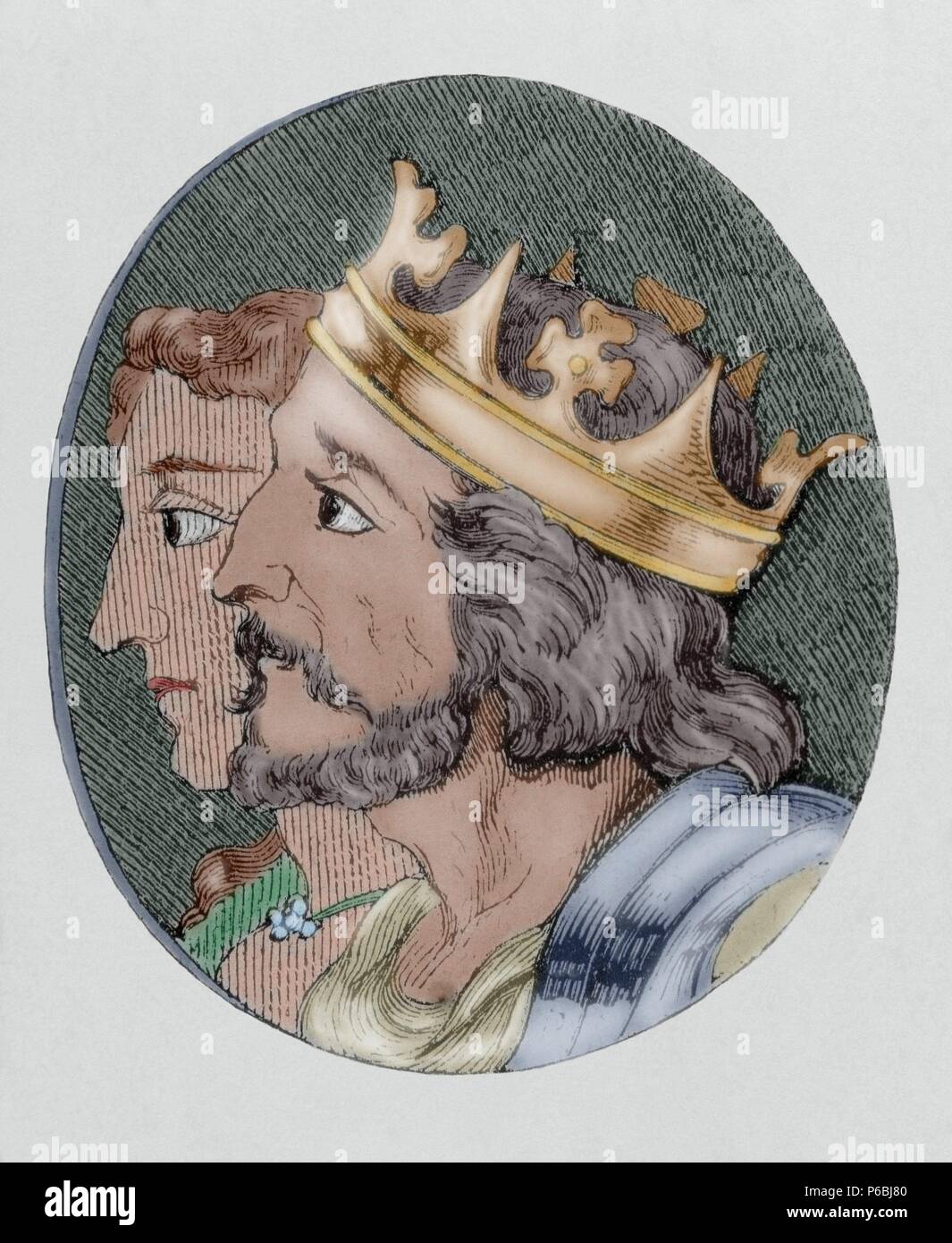 Ferdinand I of Leo n and Castile (1015-1065). The Great. The Count of Castille, and King of Leon. Engraving. Colored. Stock Photo