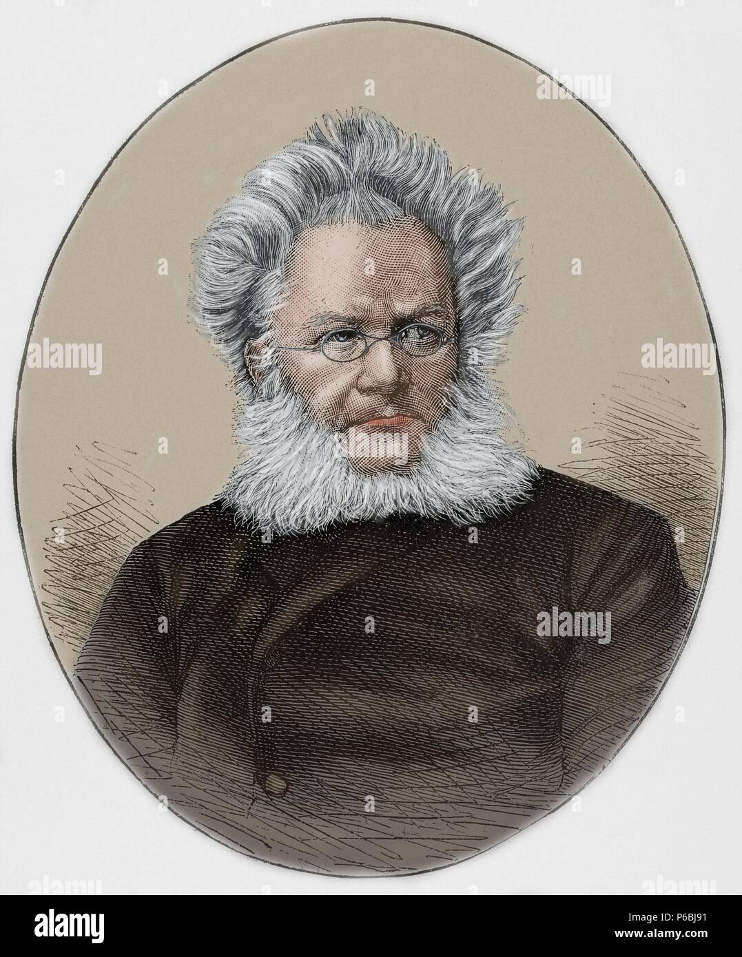 Henrik Ibsen (1828-1906). Norwegian playwright. Engraving in The Catalan Illustration, 1893. Colored. Stock Photo