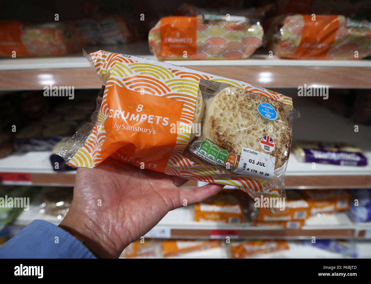 Crumpets on sale in a branch of Sainsburys supermarket, in London, as they become the latest casualty of the carbon dioxide (CO2) shortage which is hitting production throughout the UK's food and drink industry. Stock Photo