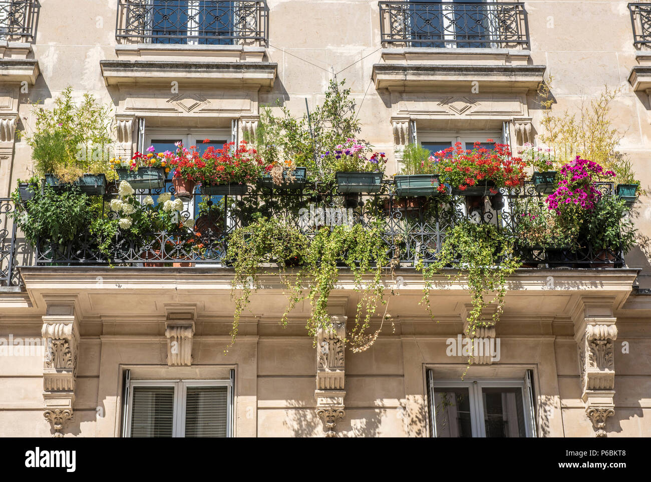 France, Ile de France, Paris, 18th district, flourished balcony of a Haussmann style building, rue Lepic, Montmartre Stock Photo