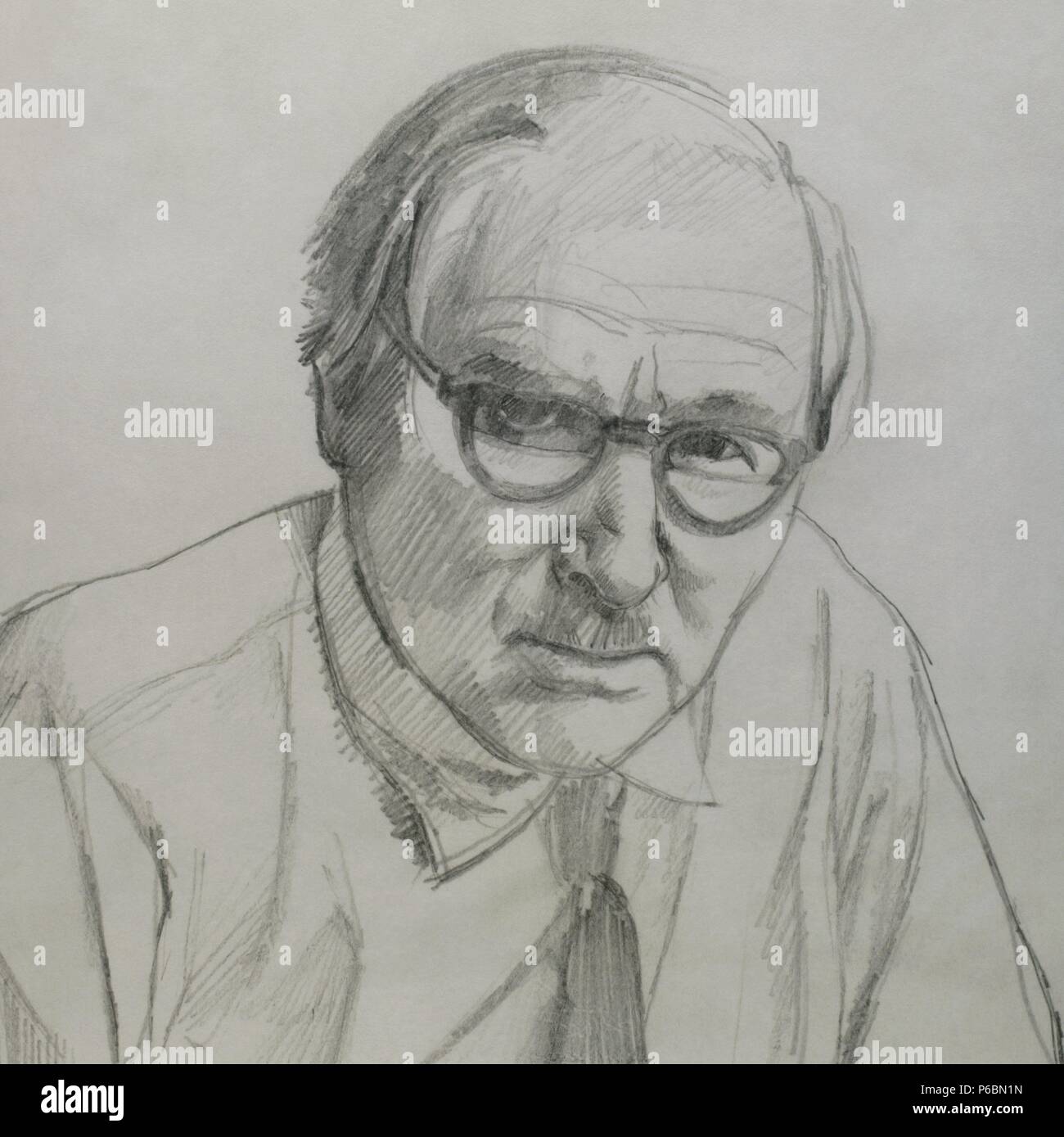 Louis Leakey (1903-1972). British paleoanthropoligist and archaeologist whose eas important in establishing human evolutionary. Africa, Olduvai Gorge. Drawing. Stock Photo