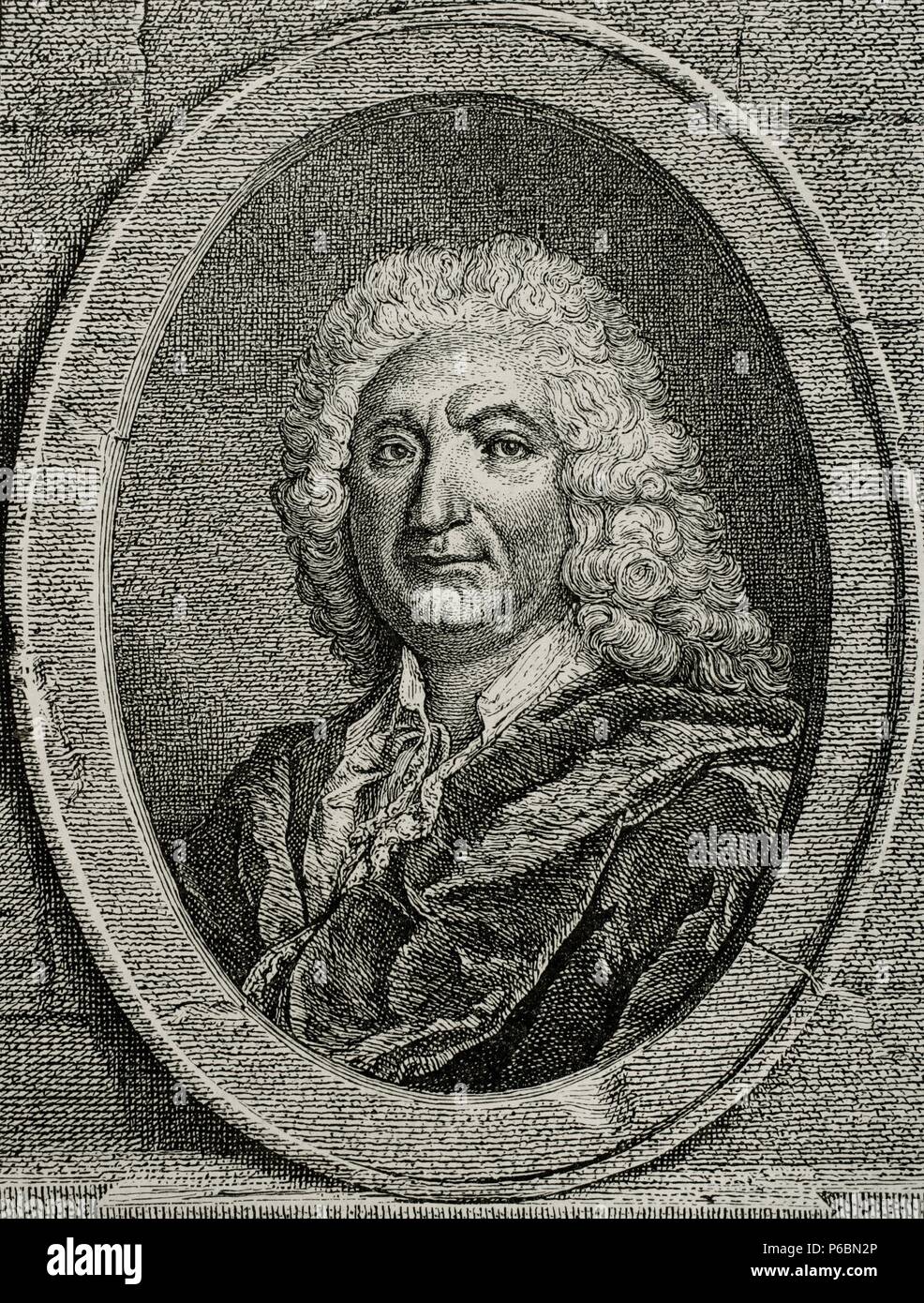 Alain-Rene Lesage (1668- 1747). French novelist and playwright. Best known for picaresque novel Gil Blas. Engraving. Universal History, 1885. Stock Photo