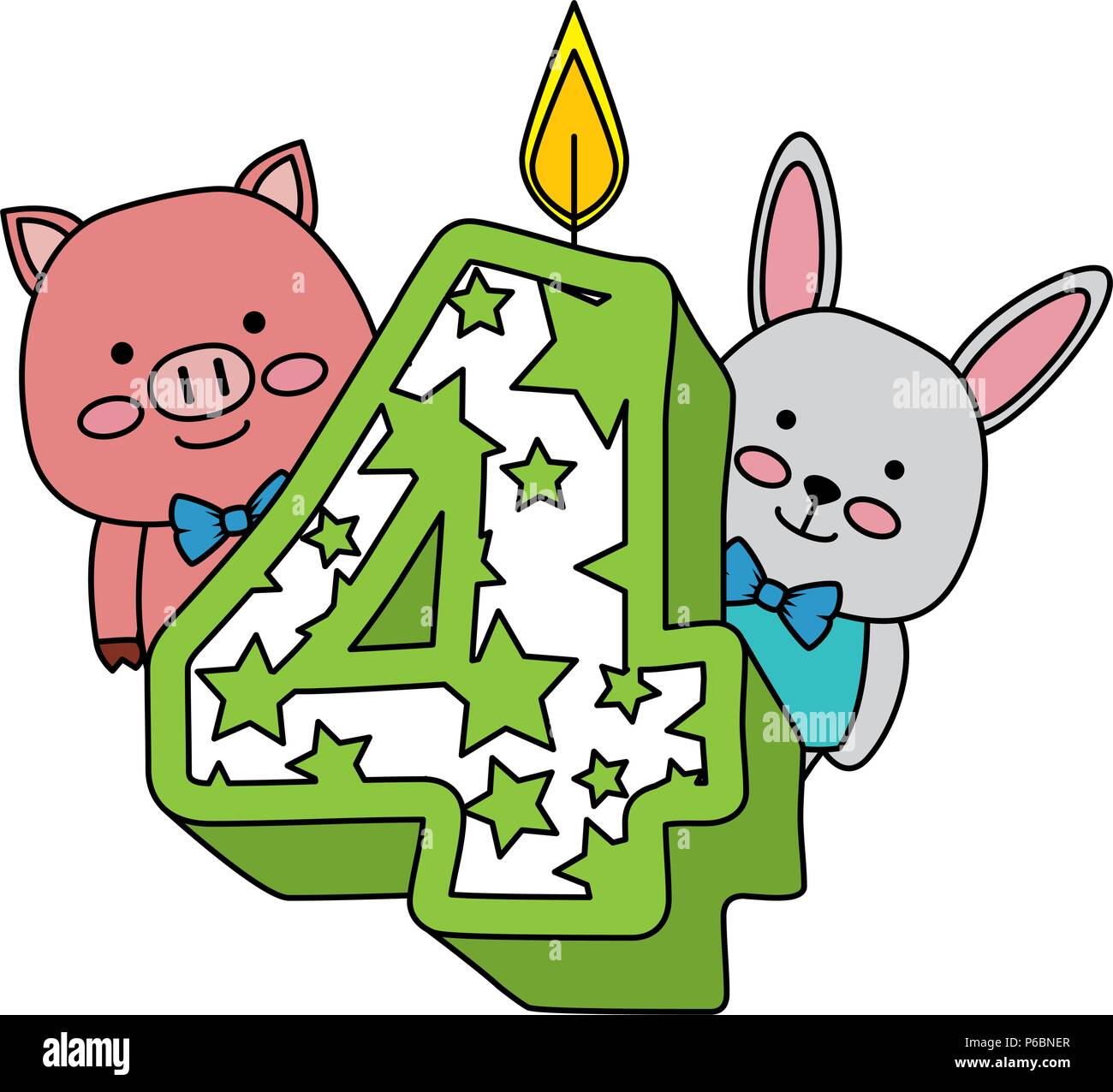 cute number four with pig and rabbit vector illustration design Stock ...