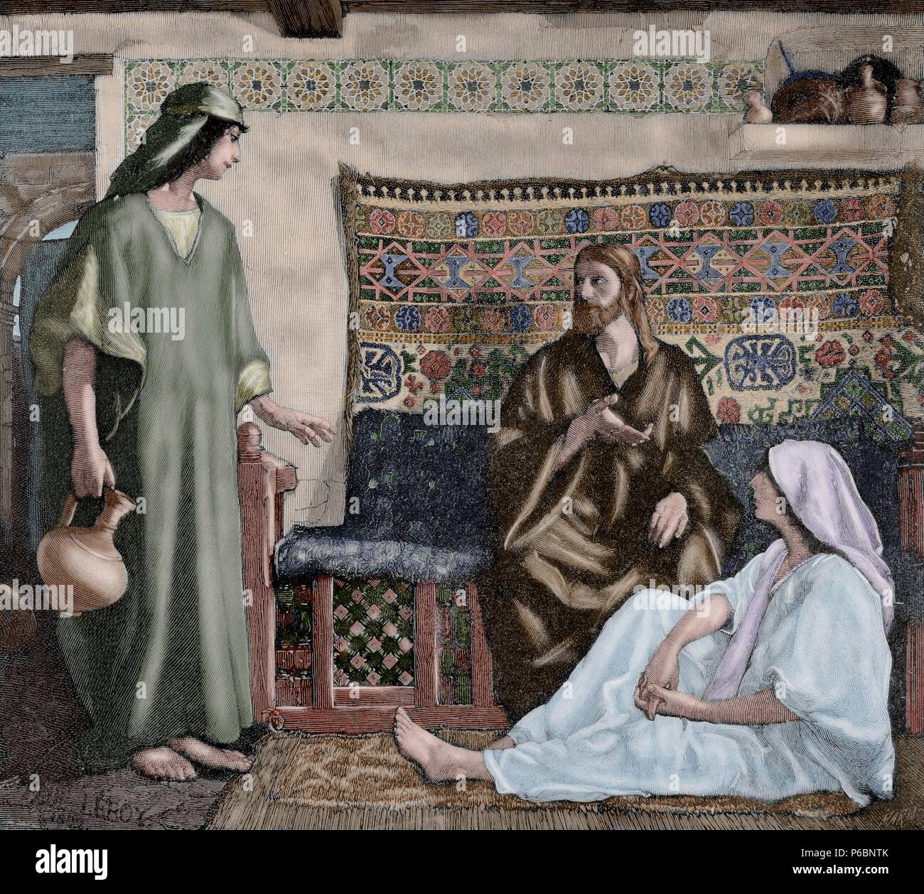 New Testament. Jesus in the House of Martha and Mary. Engraving by