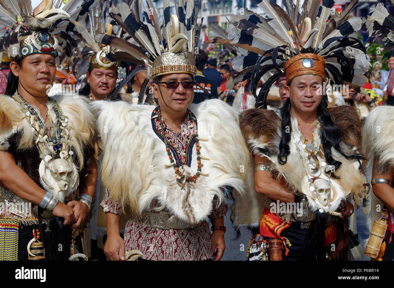 Iban man in traditional dress, Gawai festival, Kuching, Borneo, Sarawak, Malaysia with hornbill headdress Stock Photo