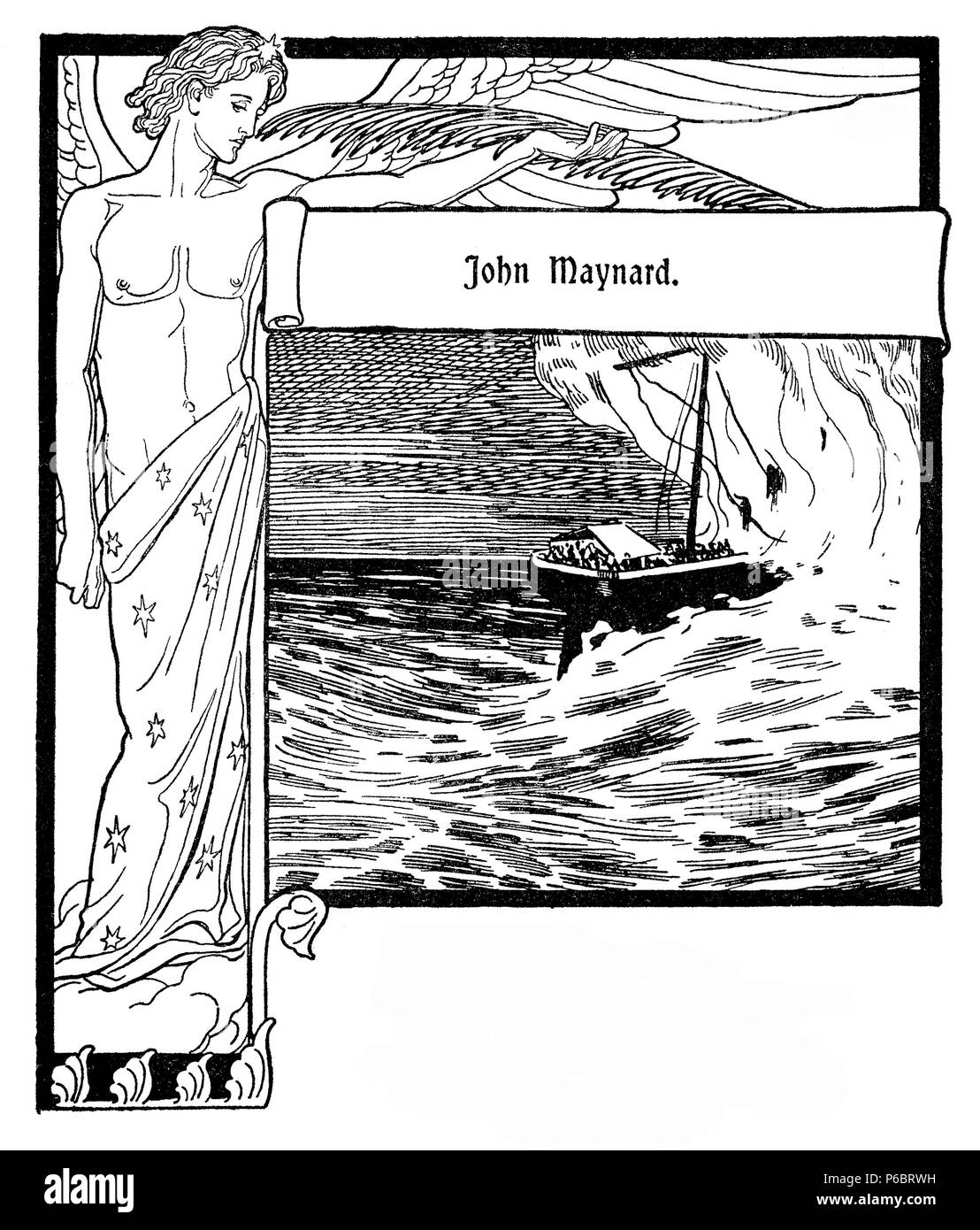 Typographic decorative art deco elements early '900: stylized chapter frontpiece with copy space representing a beautiful angel and a ship in the storm with the title (John Maynard) of a  well known German ballad as banner, border, template, label and chapter decoration Stock Photo