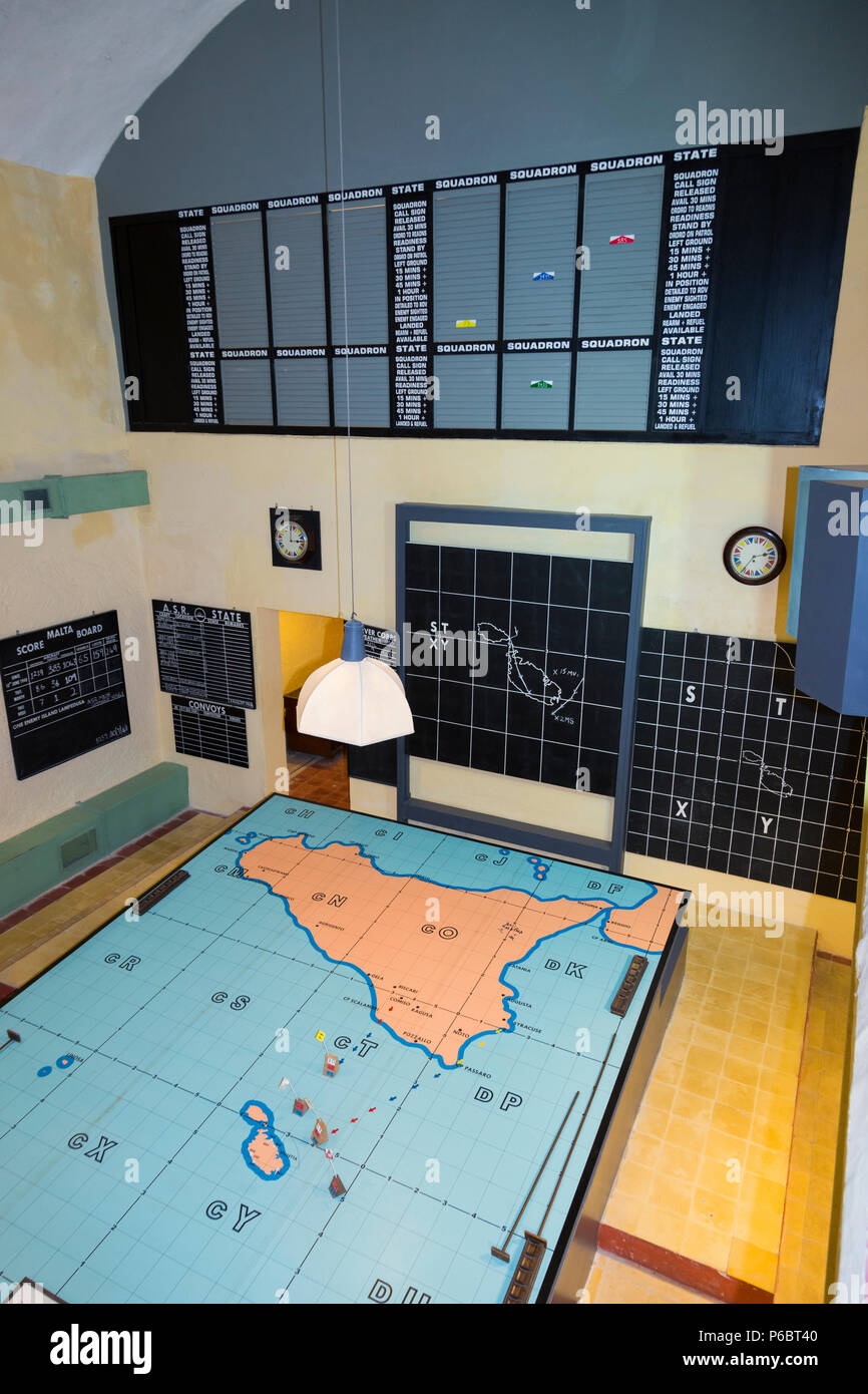 RAF Sector Operations Room / Fighter Control Room with map / radar plotting table used during the defence of Malta. Lascaris War Rooms are an underground complex of tunnels & chambers in Valletta, island of Malta. (91) Stock Photo