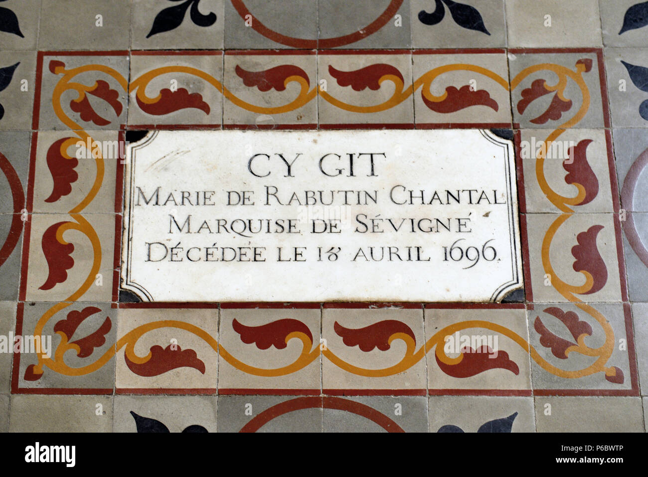 Funerary Stone, Grave or Tomb of Madame de Sévigné or Marquise de Sévigné (1535-1696) in Grignan Church of the Holy Saviour Provence France Stock Photo