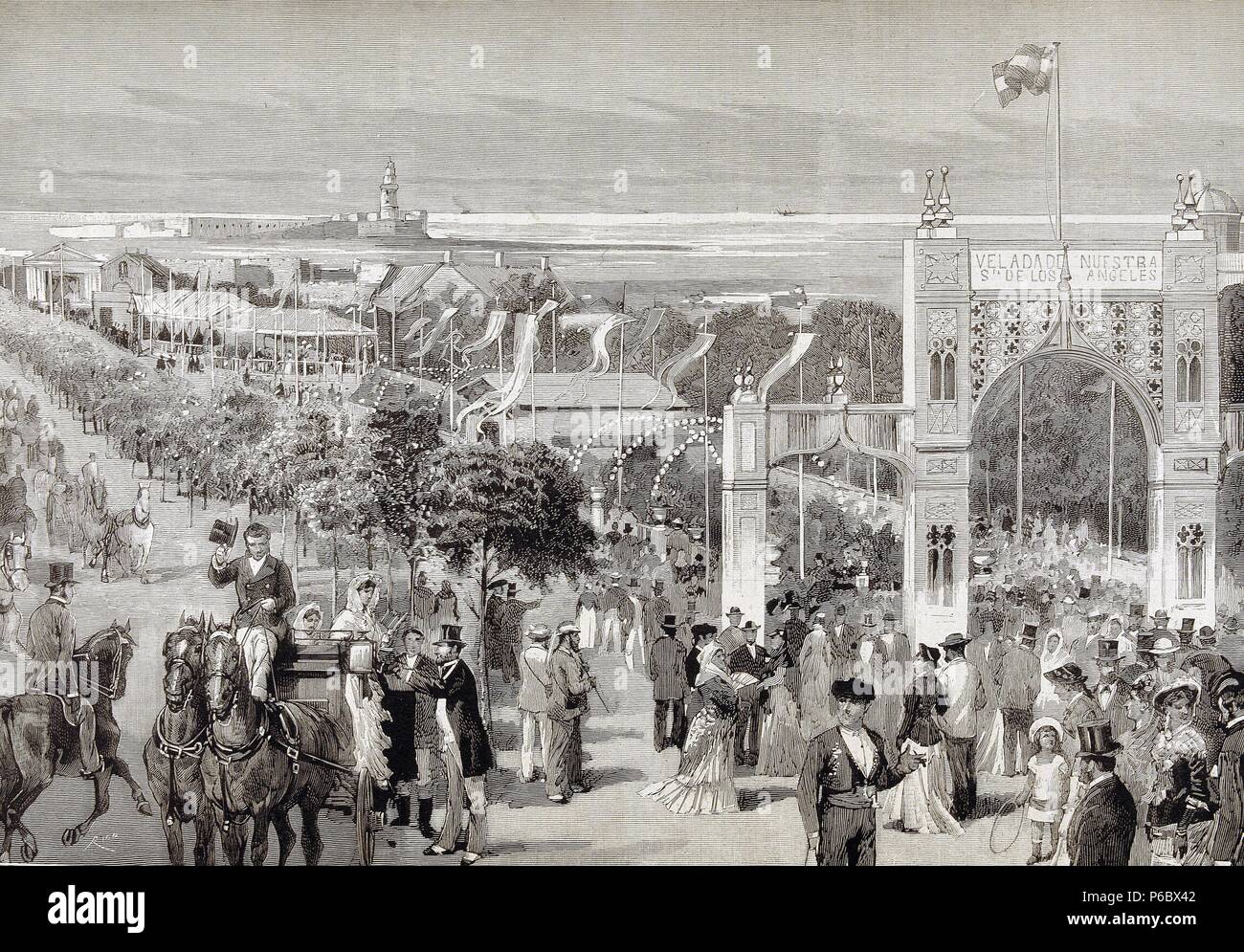 CADIZ. PASEO DE LAS DELICIAS DURANTE LA VELADA DE LOS ANGELES. GRABADO ILUSTRACION ESPAÑOLA Y AMERICANA ,AÑO 1882. Stock Photo