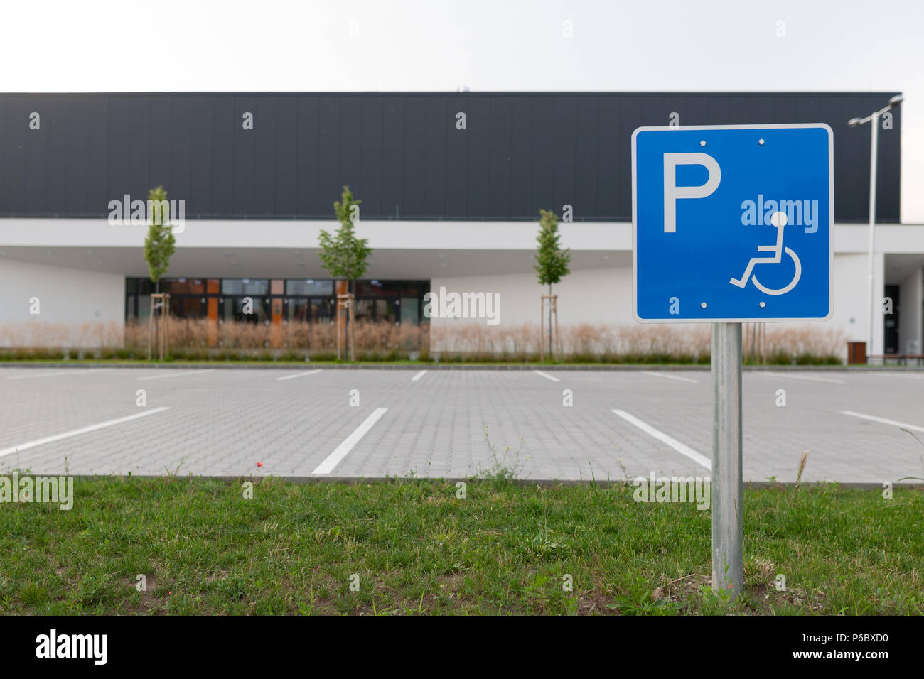 Disabled traffic sign at an empty car park represent handicap parking space without car or people Stock Photo