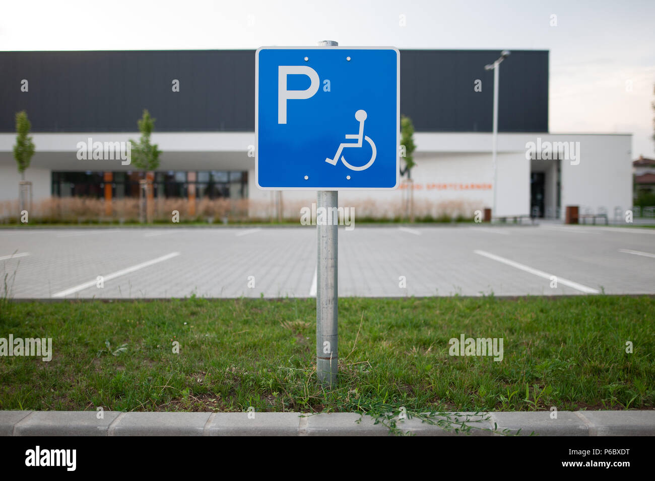 Disabled traffic sign at an empty car park represent handicap parking space without car or people Stock Photo