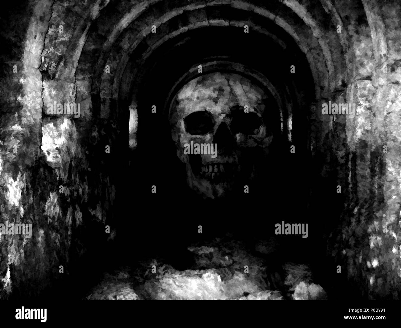 Digital illustration art. Skull is hidden inside a deep cave. Stock Photo