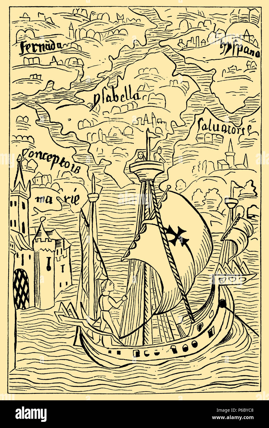 Discovery of the Antilles by Christopher Columbus. After a self-attributed drawing in 'Epistola Christofori Columbi'. (Edition without date, published around 1494),   1881 Stock Photo