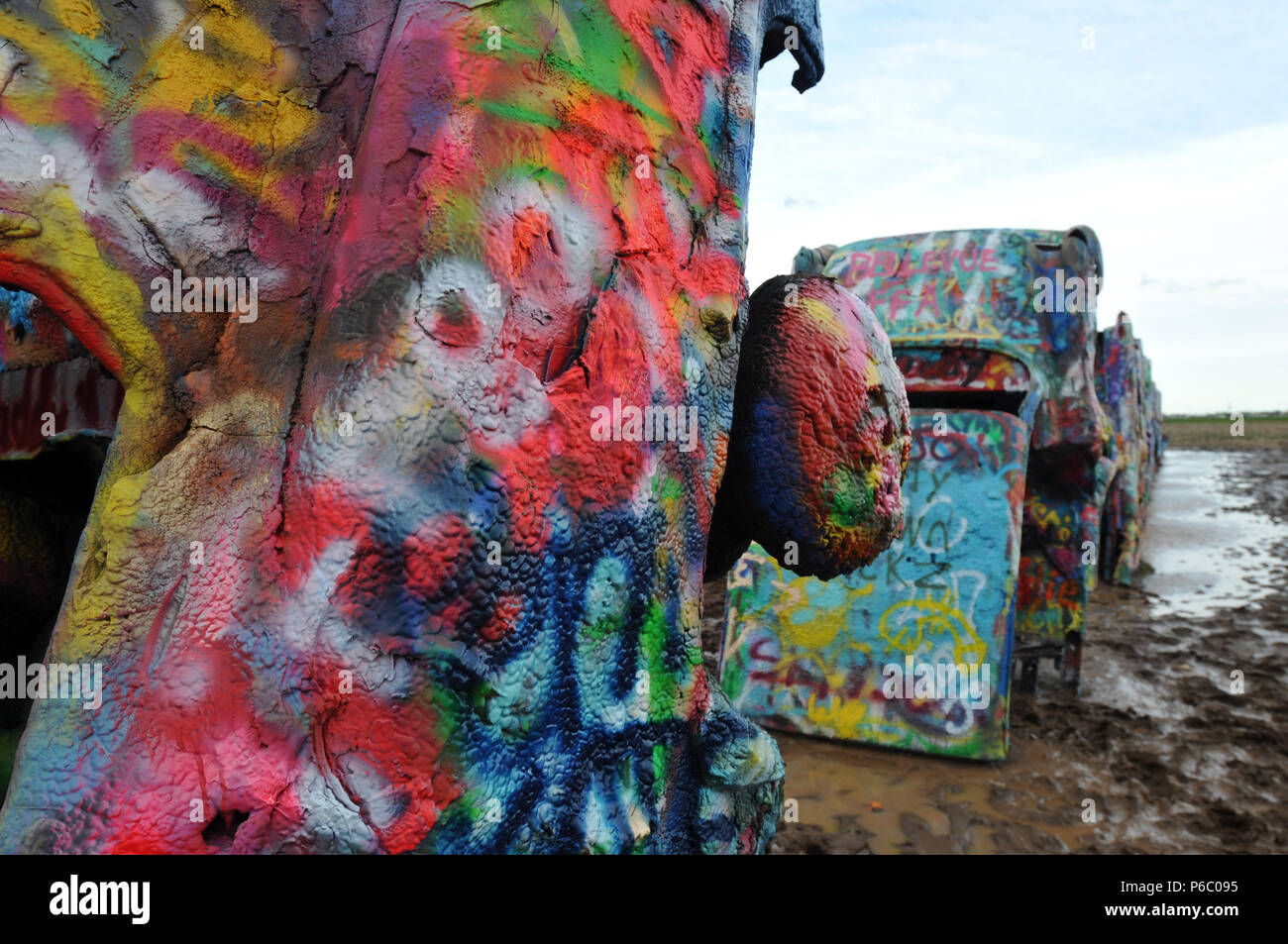 Detail of a spray-painted car at Cadillac Ranch, a public art installation on Route 66 in Amarillo, Texas, created in 1974 by the collective Ant Farm. Stock Photo