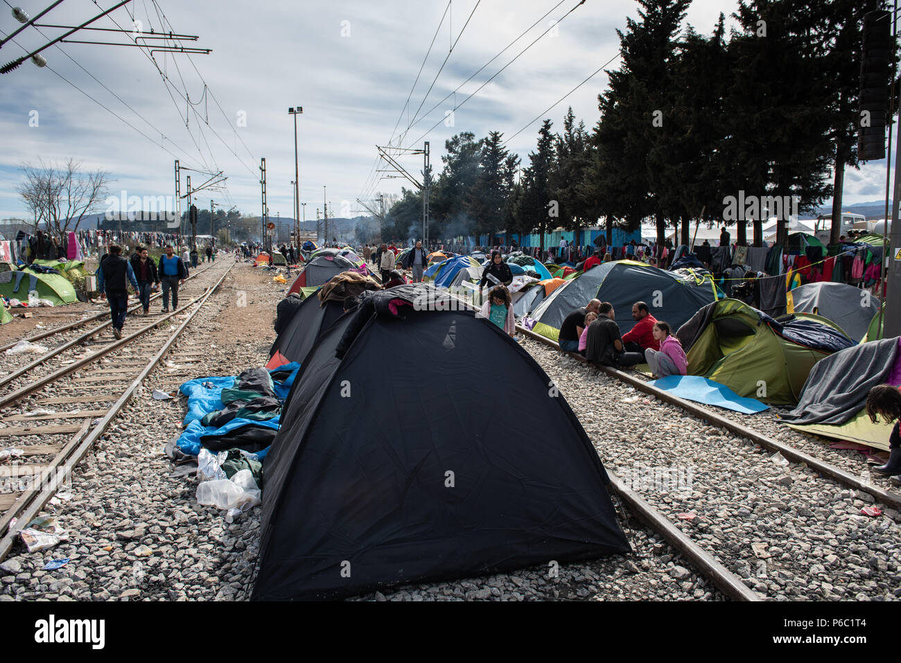 Refugee tents set up on a on the rails of train station at the