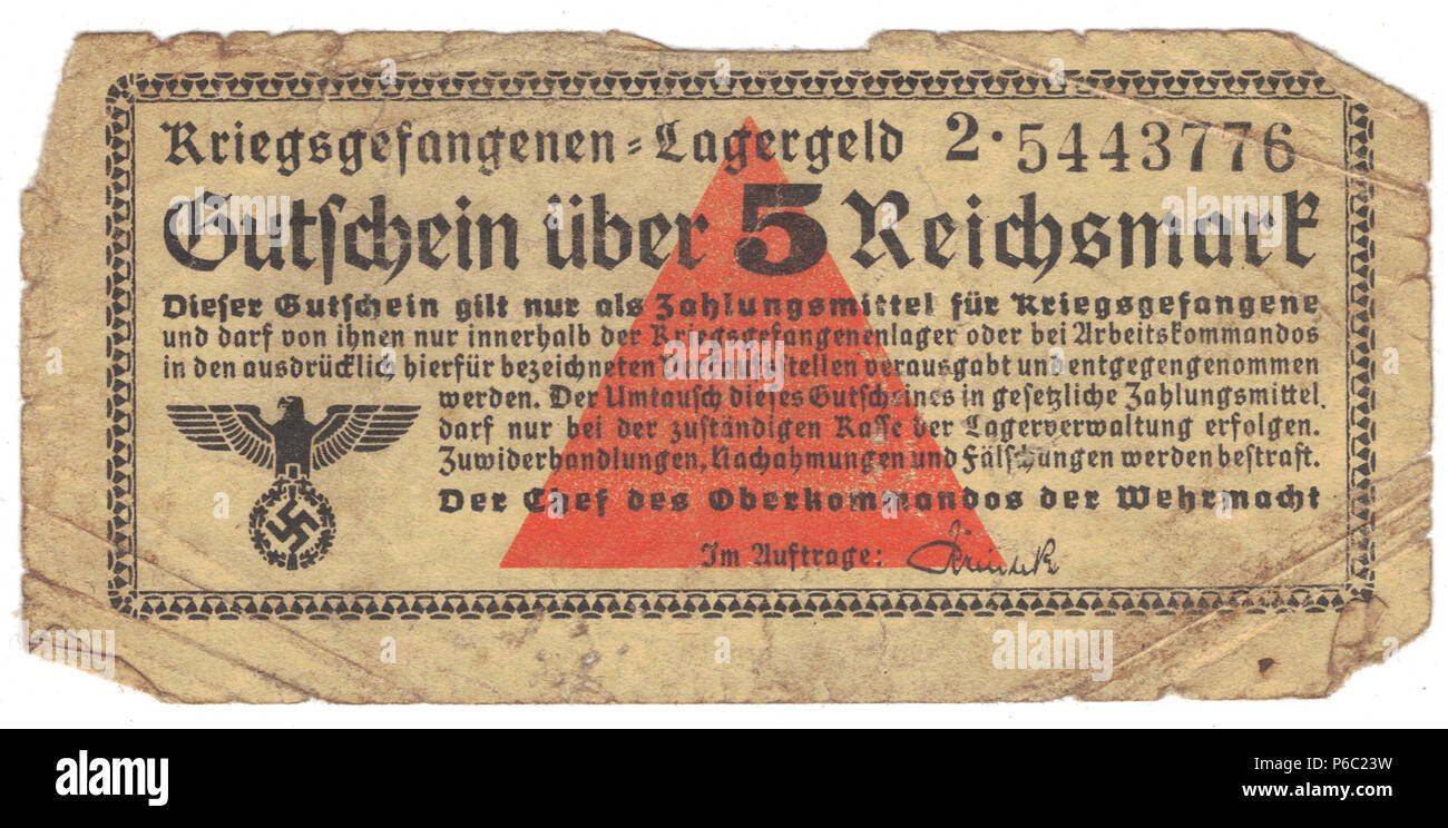 Money, Coupon, Token issued to Prisoners of War, ww 2 as payment for working in work camps at Stalag IV-C and Stalag IV-G 1943 - 1944 Stock Photo