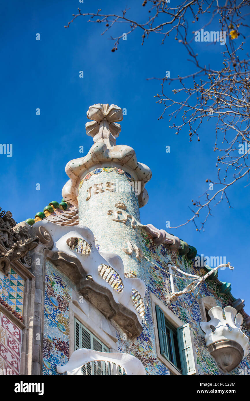 BARCELONA - MARCH, 2018: Detail of the Gaudi's designed Casa Batllo in Barcelona Spain Stock Photo