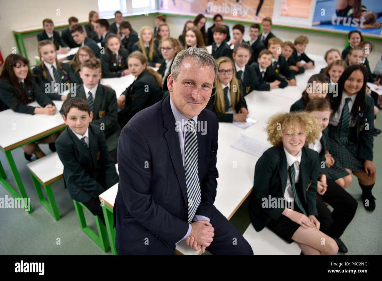 Damian Hinds, MP for East Hampshire and Secretary of State for Education, with school pupils at the opening of a new school refectory, Alton, Hants. Stock Photo