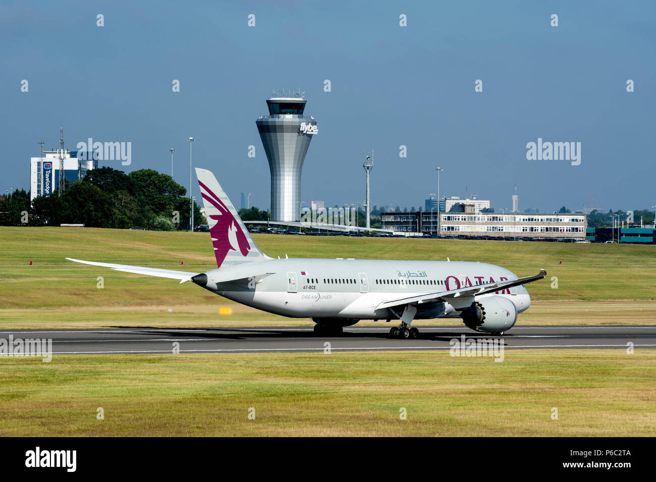 Qatar Boeing 787 Dreamliner taking off at Birmingham Airport, UK (A7-BCE) Stock Photo