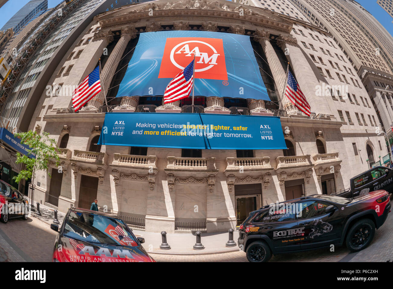 The New York Stock Exchange in Lower Manhattan in New York on Thursday, June 14, 2018 is decorated with a banner for American Axle & Manufacturing Holdings (AAM) in honor of their investor day and ringing the closing bell. (Â© Richard B. Levine) Stock Photo